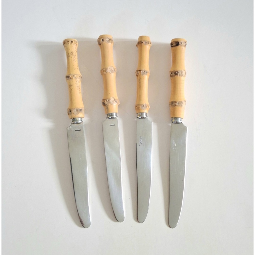 Vintage Mid Century Modern Bamboo Tiki Silverware 4 pc Knives Stainless Japan